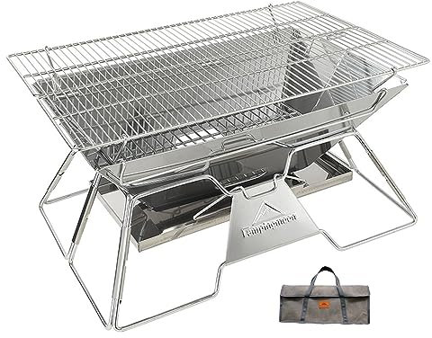 Campingmoon – Brasero de camping portable en acier inoxydable pliable avec barbecue au charbon de bois 50,8 x 33 cm avec sac de transport MT-3