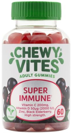 Chewy Vites Adult Super Immune, 60 Multivitamin Gummies, Extra-Strength Vitamin D 2000 IU, 200mg Vitamin C, 8mg Zinc, Elderberry, 2 Months Supply, Real Fruit Juice, Vegan, Elderberry Flavour | Extra-Strength Vitamin D 2000 IU, 200mg Vitamin C, 8mg Zinc, Real Fruit Juice, Vegan, Elderberry Flavour, 2 Months Supply