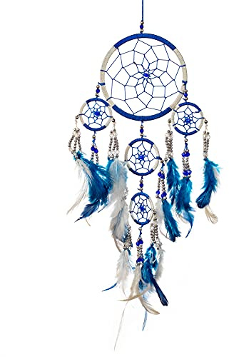 Pink Pineapple Small Handmade Bohemian Dream Catcher Ethical Hanging Dreamcatcher Wall Art with Royal Blue and White Feathers and Silver Beads with Traditional Crochet Design (12x35 cm)