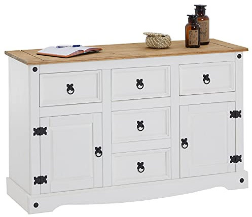 CARO-Möbel Sideboard Campo, Kommode Kiefer massiv, weiß lasiert, 5 Schubladen und 2 Türen