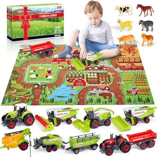 Oriate Farm Tractor Set 34 Piece Die Cast Vehicle Value Playset, Large Size 4.8 Tractors Toy Kids Birthday Gift, Farm Play Mat Tractors Animals Trailer Toys, Farm Equipment Accessories