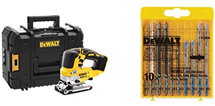 DEWALT Scie Sauteuse Brushless XR 18V Li-ion, avec Coffret TSTAK et Éclairage LED, Courses à Vide 3200tr/min, Coupe Bois 135mm / Acier 10mm, DCS334NT-XJ + DEWALT Lame de Scie Set 10pcs, DT2294-QZ