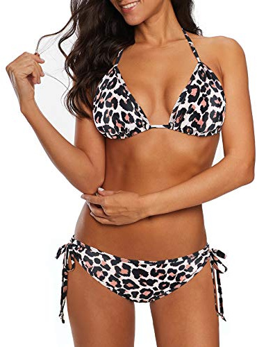 Durio Sexy Triangel Bikini Damen Set - Zweiteiliger Badeanzug, Neckholder-Oberteil und Low Waist Bikinihose verstellbar zum Binden Leopard 40-42(Herstellergröße L)