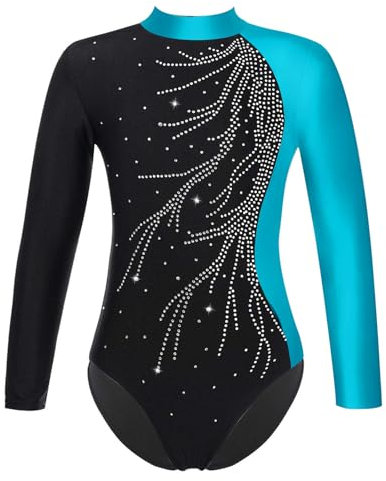 Freebily Kinder Mädchen Gymnastikanzug Glitzer Langarm Ballett Tanz Trikot Leotard Sportbody mit Kunstdiamanten Training Ballettbekleidung A_Blau 158-164