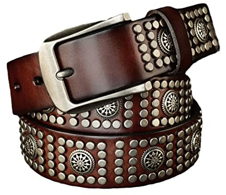 Cinturones con remaches para hombres/mujeres para vestidos, cinturones con tachuelas de cuero de vaca para jeans, elegante cinturón gótico punk rock ancho 38 mm,Café,110cm/waist:36~38