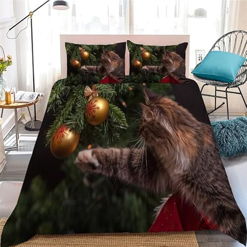 Housse De Couette 140x200cm Chat De La ForêT Verte Housse Couette 110gsm Microfibre Fermeture Éclair avec 2 Taies D'oreillers 65x65cm, Noël Housse de Couette Adaptées Aux Hommes et Femmes