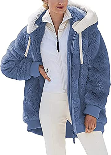 Nsercvb Fleecejacke Damen,Winterjacke Damen Teddy Fleece Mantel Warm Gefüttert Winter Kapuzenpullover Flauschig Plüschjacke Sweatshirt mit Kapuze und Taschen Reißverschluss Winterjacke Oversize