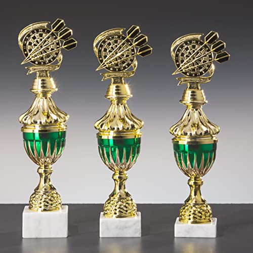 eberin · Dart Pokal · Darts Pokale · Dartscheibe Trophäe · Dartpfeile · großer Dartsport Award Gold/grün auf Marmorsockel, personalisierbar mit Wunschgravur in 3 Größen oder als 3-er Set