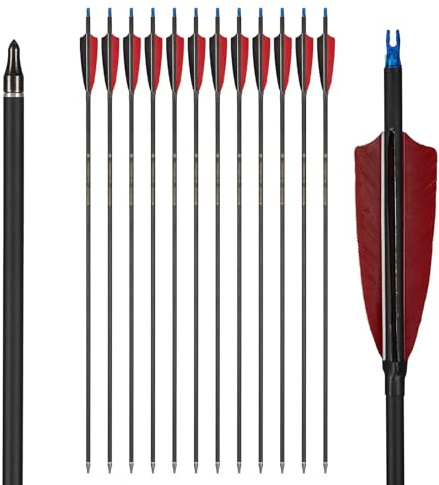 Toparchery 12 flèches pour tir à l'arc 30 Pouces Flèches en Carbone avec Plumes Naturelles de Turquie Flèches pour Adultes pour Arc recurve/Arc Compound/Arc Long