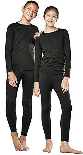 orbiz Kids Thermal Base Layer Set Winter Warm Underwear Full Set Long John Bottom and Long Sleeve Top (Black, 13 Years)