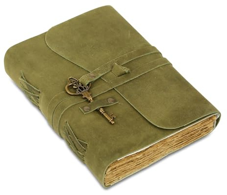 Leder-Tagebuch mit liniertem Büttenrandpapier 20,3 x 15,2 cm und Vintage-Schlüssel/handgefertigtes Schreib-Notizbuch/gebundener täglicher Notizblock für Männer und Frauen (8 x 6, Green)