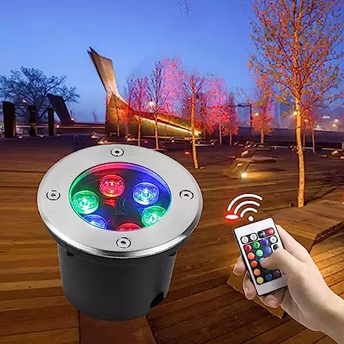 Spot Encastrable LED Exterieur - Lumière Jardin Enterré, Lampadaire À Changement De Couleur RVB Avec Contrôleur IR À 24 Touches, Projecteur De Sol Encastré À Luminosité Réglable Étanche IP67(RGB,6W(12