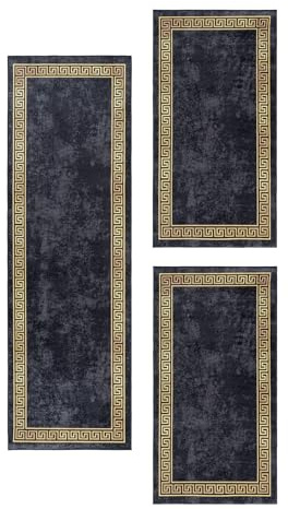 Carpetsale24 Bettumrandung Schlafzimmer 3 teilig Mäander Design Schwarz-Gold Bettvorleger Schlafzimmer Bettset: 2 St. 80x150 cm | 1 St. 80x250 cm - Waschbarer Teppich Läufer Set Baumwollrücken