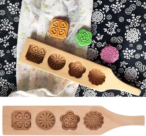 Wooden Mooncake Mold Set, Vintage Handmade Beechwood Cookie Butter Press Molds with 4 Floral Designs Reusable Baking Stamps for Mooncakes, Cookies, Desserts, Pastry – Unique Gift for Bakers
