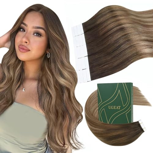 Ugeat Extensions Echthaar Tape 50 cm Goldblond Balayage Echthaar Tape Extensions Haarverlängerung Schokobraun Balayage Glatt Haar für Frauen 20 Stück 50G #4/10/16
