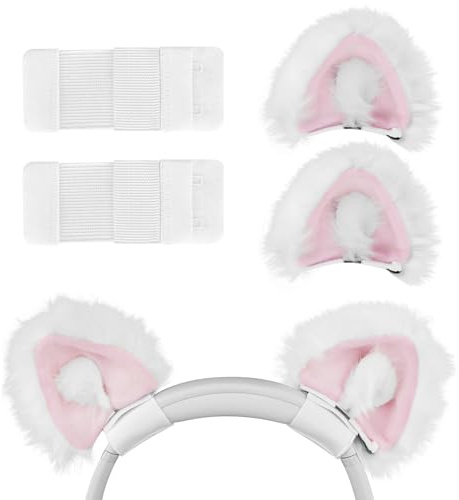 GEEKRIA NOVA Headphones Cat Ear Attachment Compatible with Most Gaming, Over-Ear and On-Ear Headsets, Universal Fit with Adjustable Straps (White+Pink)