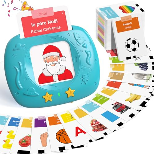 HOMESTEC Jouets éducatifs de la Parole pour Tout-Petits, Cartes-Flash réalistes améliorées, Mots visuels français avec Sons, Accent français, kit Jeu Montessori pour Enfants d'âge préscolaire (Bleu)