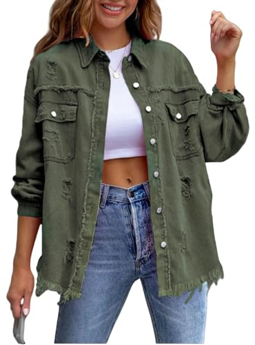 BPKKLLSU Giacca Jeans Donna Giacche in Denim da Donna, Giacca in Denim A Maniche Lunghe Strappate di Media Lunghezza-Verde-L