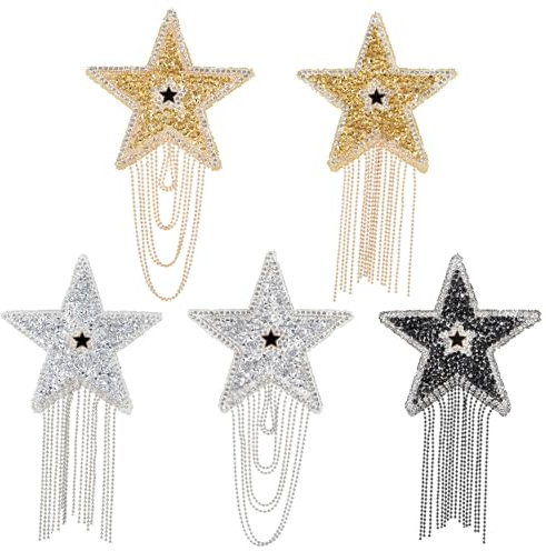 Mabor 5 parches de estrella para planchar con borla de diamantes de imitación brillantes, parches de reparación de ropa, apliques brillantes de estrella de cinco puntas para ropa, vestido, sombrero,