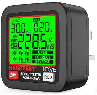 Socket Tester RCD Plug Outlet Tester UK, Electrical Receptacle Detector with LCD Display, 30-260V Power Socket Automatic Electric Circuit Polarity Voltage Detector Plug Breaker Finder 6 Indication