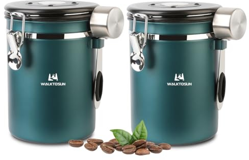 Luftdichte Edelstahl Kaffeedose, Vakuum Kaffeebehälter Kaffeebohnen Vorratsbehälter mit Datumsverfolgung, CO2-Freigabeventil und Messlöffel, für Tee Nüsse Kakao Frisch 1,8L (2er Set - Grüne)