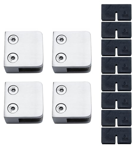 RYPRY 4PCS 6-10mm Heavy Duty Stainless Steel Glass Clamp Brackets - No Drill Wall Mount Frameless Clamps with Rubber Inserts for Shower Screens, Glass Balustrades & Partitions (6mm Glass)