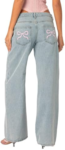 MASUCOR Rosettjeans för Kvinnor Söta Rosa Rosettjeans Baggy Jeans med Rosett På Bakfickorna Rosett Broderade Fickjeans med Mitten Midja Raka Jeans med Vida Ben Y2K Pojkvän(Light Blue,M)