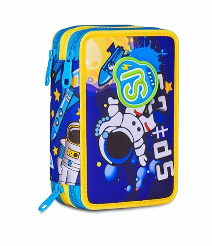 SJ GANG STYLE JAM GANG Astuccio Scuola 3 Zip,Blu e Giallo, Portapenne Triplo Scomparto Completo Di Penne, Matite, Colori, Accessori Zaino, Scuola Elementare, Bambino