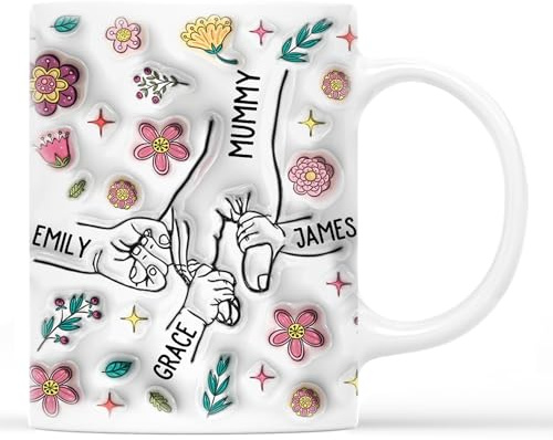 Personal Chic Personalised Mummy and Kids Holding Hands Flowers Mug - Personalised Mothers Day Gifts, Mothers Day Mug, Mothers Day Gifts for Mum, Custom Mum Mug