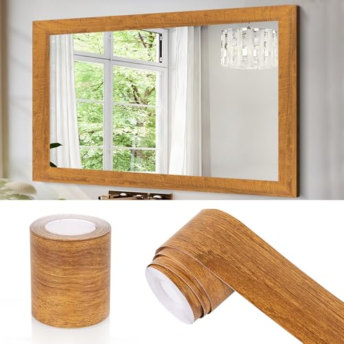 Brown Wooden Grain Mirror Border Peel and Stick Wallpaper, Self Adhesive Waterproof Wallpaper Mirror Frame Tape for Bathroom Decor, Peel and Stick Trim Removable Kitchen Wall Decor 1.96 x 393