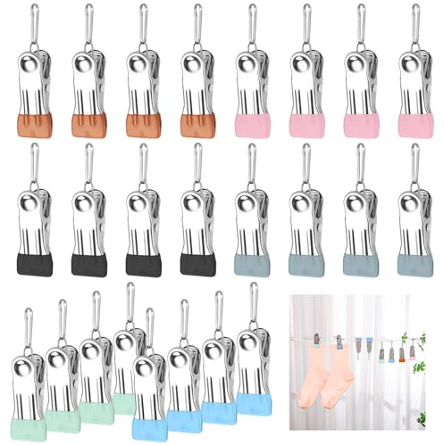 24 Pack Clothes Pegs For Washing Line, Stainless Steel Laundry Pegs Storm Pegs Hanging Clips with Hooks for lothes Jeans Socks Towel Photos, 6 Color