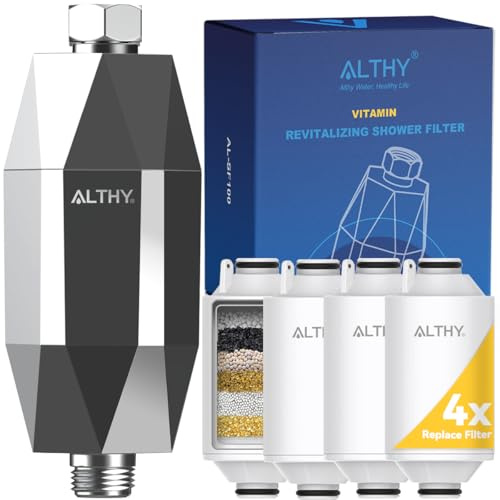 ALTHY Duschfilter Vitamin-C-Inline-Wasserfilter Dusche | Reduziert Kalk, Chlor & Schwerm. | Weicht hartes Wasser | Verhindert trockene & juckende Haut & Schuppen | Inklusive 4 Filter
