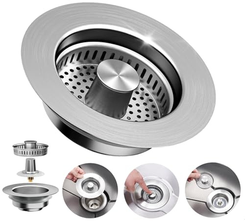Filtre de vidange d'évier de cuisine 3 en 1 – Bouchon d'évier pop-up en acier inoxydable, bouchon d'évier de cuisine et bouchon de vidange avec panier anti-encrassement, filtre d'évier compatible avec