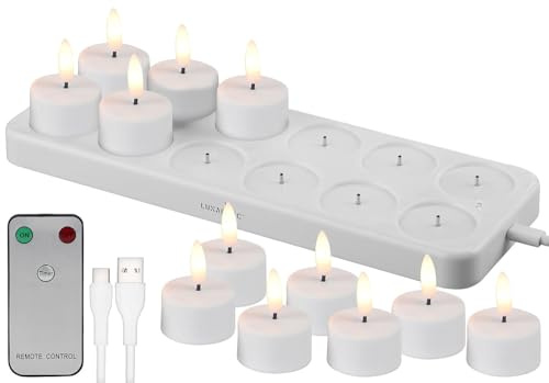 Lunartec aufladbare Teelichter: 12er-Set LED-Akku-Teelichter mit USB-Ladestation, Fernbedienung, Timer (wiederaufladbare, Kerzen, Flamme)