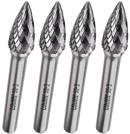 LU&MN SG-3 Tungsten Carbide Burr, 3/8 Head 1/4 Shank, 4 Pcs | Industrial-Grade, Double Cut Rotary, Deburring & Chamfering, Engraving & Polishing, Metal & Wood
