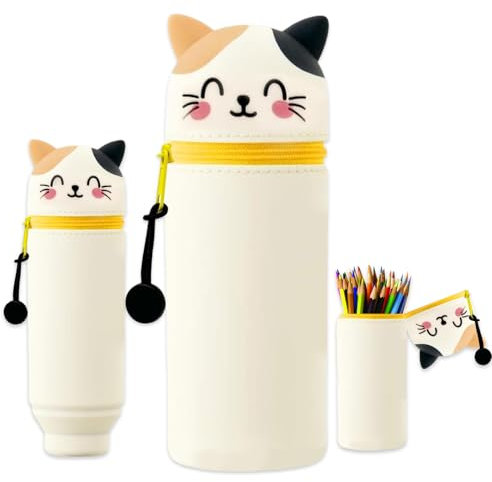 Yesmoyhe Silikon Mäppchen Katze, Tier Stifthalter, 2 in 1 Tischstifthalter, Cartoon Federmäppchen, Ständer Schlampermäppchen, Silikon Mäppchen, für Schule Home Office Supplies