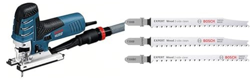 Bosch Professional Stichsäge GST 150 CE (inkl. Gleitschuh, Abdeckhaube, 1x Stichsägeblatt) + 3x Stichsägeblatt Set Expert ‘Wood 2-Side Clean‘ (für Sperrholz, Massivholz-Möbelplatte, Länge 117 mm)