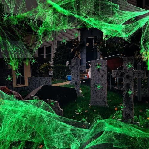 Leuchtend Spinnennetz Halloween Deko, 200g Leuchtend Spinnweben Halloween mit 30 Leuchtend Halloween Deko Spinne, Halloween Spinnennetz Outdoor für Halloween Deko Outdoor,Halloween Deko Spinnennetz