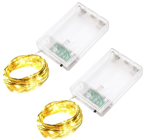 LQWELL 2 Piezas Guirnalda de luces LED de 2 m y 20 LED, mini luces a pilas, impermeable, de alambre de cobre, blanco cálido, 2 modos para Navidad, bodas, festivales, fiestas y decoración