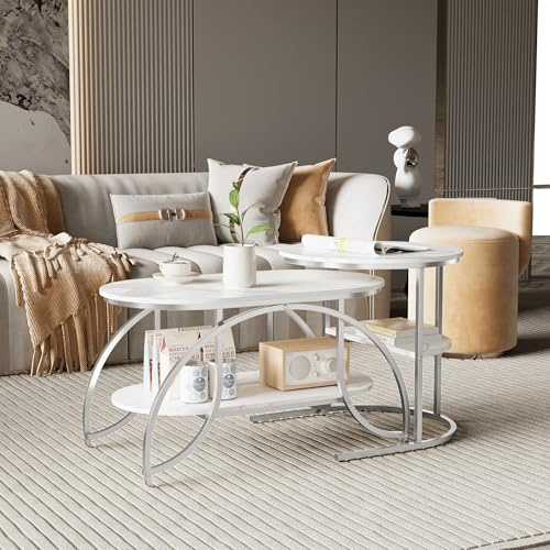 HFASD Satztische 2er Set, Couchtisch Rund Und Oval Mit Stauraum, Marmor Optik, Metallrahmen, Modern Satztische Sofatisch Kaffeetisch Beistelltisch Für Wohnzimmer (Silber, 80x46x45)