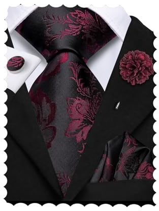 Hi-Tie Black Burgundy Ties for Men Silk Mens Tie Paisley Necktie Pocket Square Cufflinks Flower Lapel Pin Set for Business