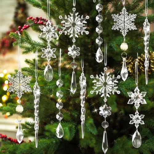 MUNSKT 20 Stück Eiszapfen Weihnachtsbaum, Glaszapfen zum Aufhängen, Kristall Weihnachtsbaum Ornamente mit Band, 5 Designs für Weihnachts Ferienhaus Party Dekor