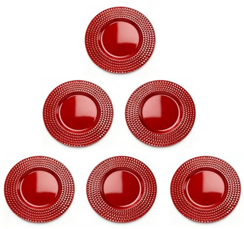 Glac Store Sottopiatto Elegante, Oro o Rosso, Polipropilene, 33 cm, Bordo Borchiato, Stile Moderno, Set da 4 o 6 Pezzi, per Natale e Matrimoni, Riutilizzabile, Lucido (6, Rosso)