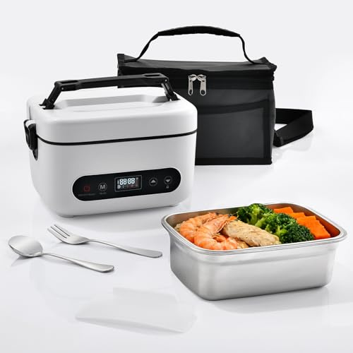 VYRNEXA Gamelle Chauffante avec Batterie Intégrée 12000mAh, Lunch Box Électrique 1.5L, Boîte Repas Chauffante sans Fil avec Minuterie Intelligente, Parfait pour Bureau, Voyage, Camping (Noir/Blanc)