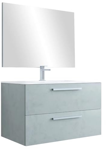 Bricozone Mobile Bagno Sospeso 80 Cm Con Lavabo In Ceramica E Specchio Grigio Cemento 2 Cassetti Soft Close Design Moderno Salvaspazio Per Bagno Contemporaneo (Mobile Lavabo e Specchio)