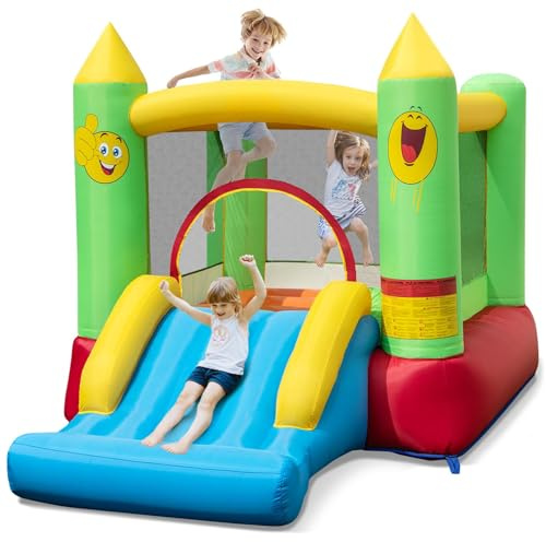 Maxmass Kids Bouncy Castle, Inflatable Bounce House with Slide, Basketball Hoop, Carrying Bag, Repair Kit, Indoor Outdoor Inflatable Trampoline Jumping House Blow up Castle (Smiling Face)