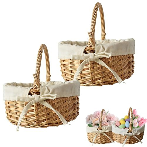 2 Stk Blumenmädchen Korb, Osterkörbchen Mit Henkel, Hochzeit Streukörbchen | Geflochtener Blumenkorb, Für Hochzeiten Dekoration, Ostern, Partys Festival, Für Leckereien, Obst, Picknick, Kleiner