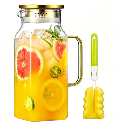 40 oz,2Liter Square Glass Pitcher with Lid and Spout, Water Pitchers with Handle for Fridge, Borosilicate Glass Carafe for Hot/Cold Drink, Large Jug for Iced Tea, Coffee, Beverage, Cold