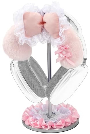 GEEKRIA Cute Headphone Stand, Plush Headset Holder with Soft Fur Protection & Stable Base, Kawaii Desk Headphone Hanger for Gaming Setup, Office, Bedroom Decor (Pink Bow)