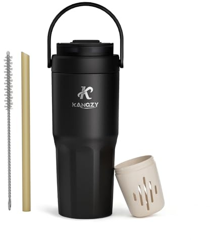 KANGZY Coffee Cup Travel Mug 600ml – Stainless Steel Insulated Water Bottle, 2-in-1 Lid, Vacuum Thermal Cup, Leak-Proof Design, Keeps Drinks Hot 8H+ / Cold 24H – Work, Travel & Car (Jet Black)